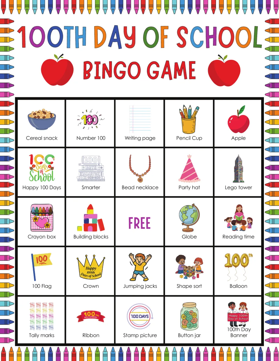 100th Day bingo card beginning Cereal snack and Number 100; players hunt for Party hat, Lego tower and Stamp picture