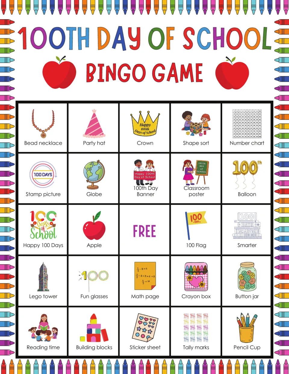 100th Day bingo card headed by Bead necklace, Party hat and Crown; players cover Number chart, Globe and Tally marks
