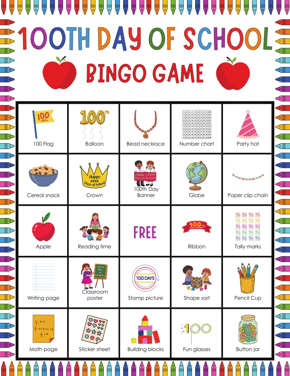 100th Day bingo card starting 100 Flag, Balloon and Bead necklace; players look for Paper clip chain and Sticker sheet