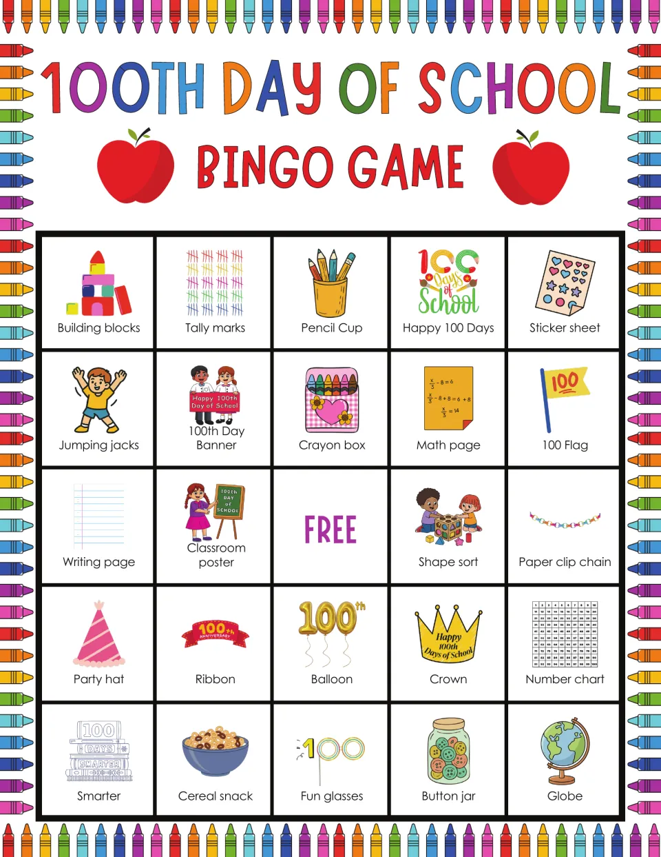 100th Day bingo card led by Building blocks, Tally marks and Pencil Cup; players mark Smarter, Cereal snack and Globe