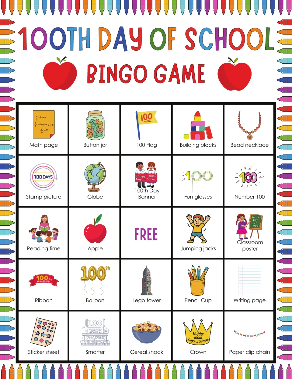 100th Day bingo card opening with Math page, Button jar and 100 Flag; players cover Lego tower, Reading time and Crown
