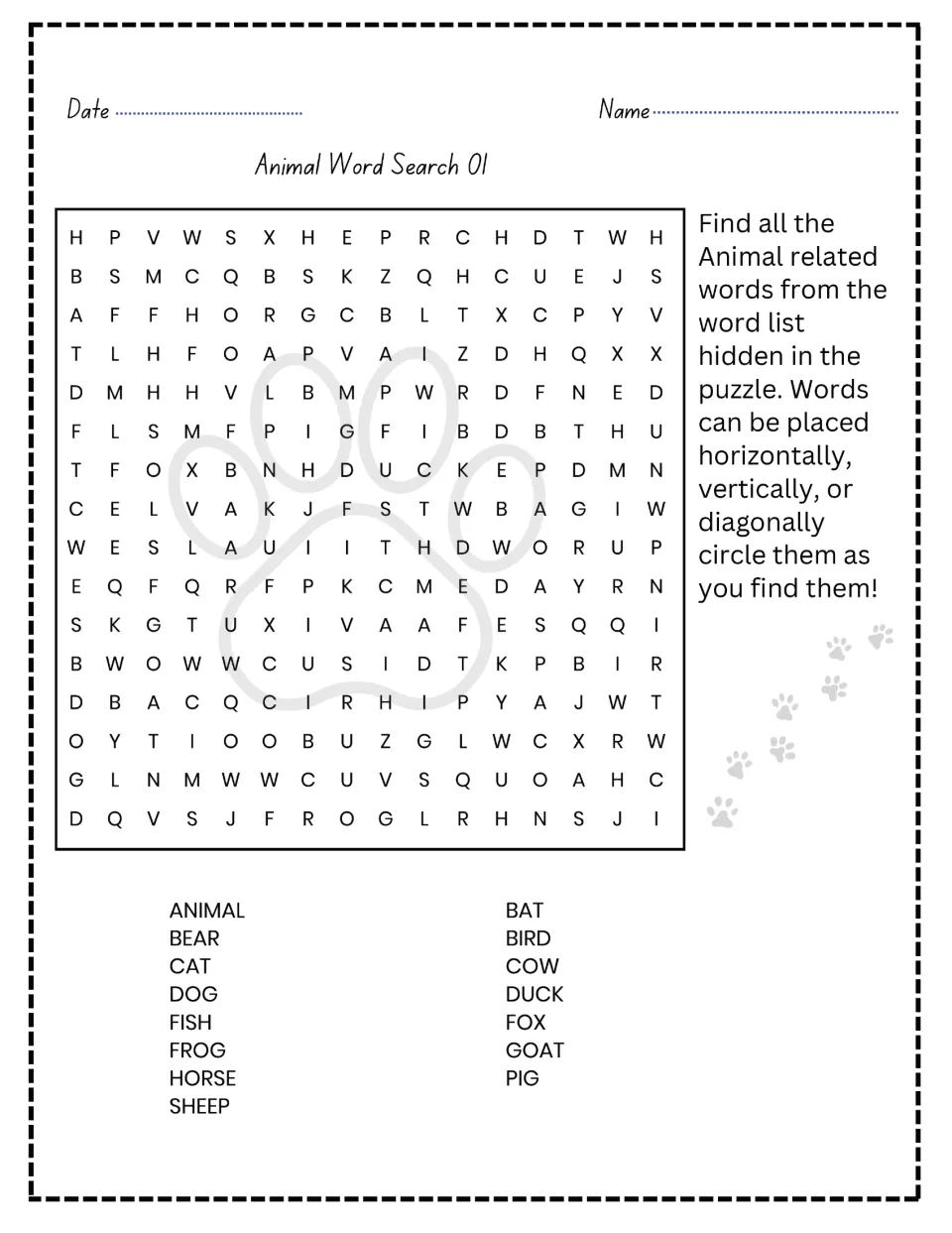 Animal Word Search 01: students circle 15 words such as bear, cat, duck, frog and sheep hidden across, down or diagonally