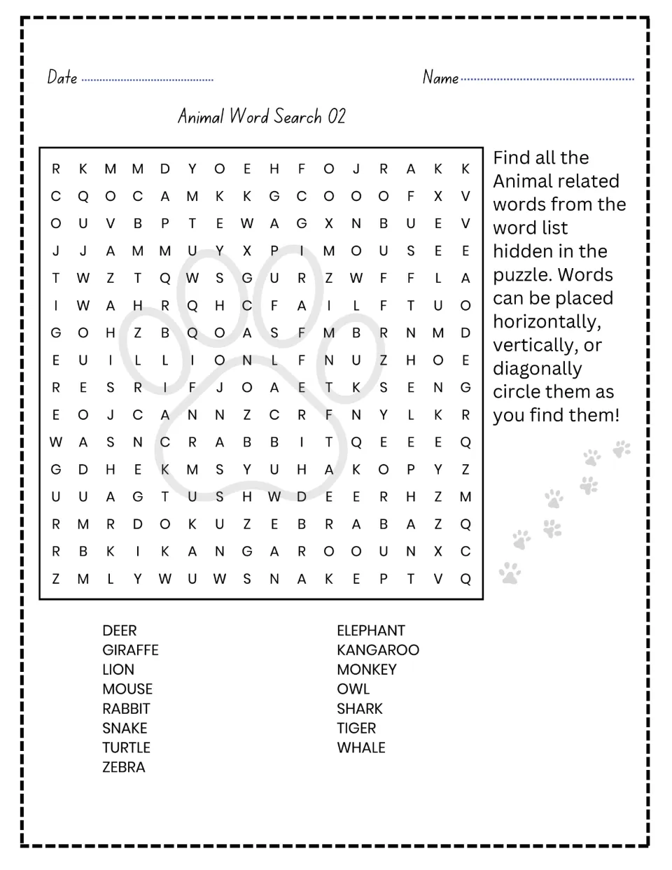 Animal Word Search 02: students circle 15 animal names, including giraffe, kangaroo, shark, tiger and zebra