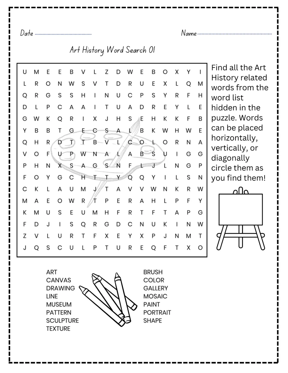 Art vocabulary word search 1 of 2: art, canvas, drawing, museum, sculpture, texture, and nine more terms.