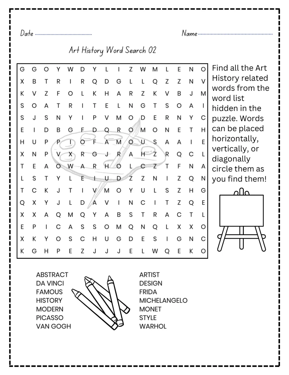 Art history word search 2 of 2: abstract, Da Vinci, Picasso, Van Gogh, and 10 more terms and artist names.