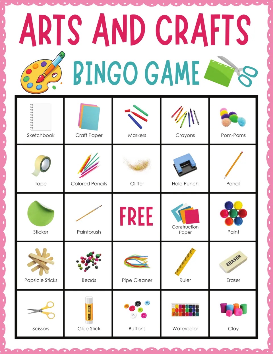 Arts and crafts bingo card 1: students mark called supplies, from Sketchbook and Markers to Clay, plus a FREE space