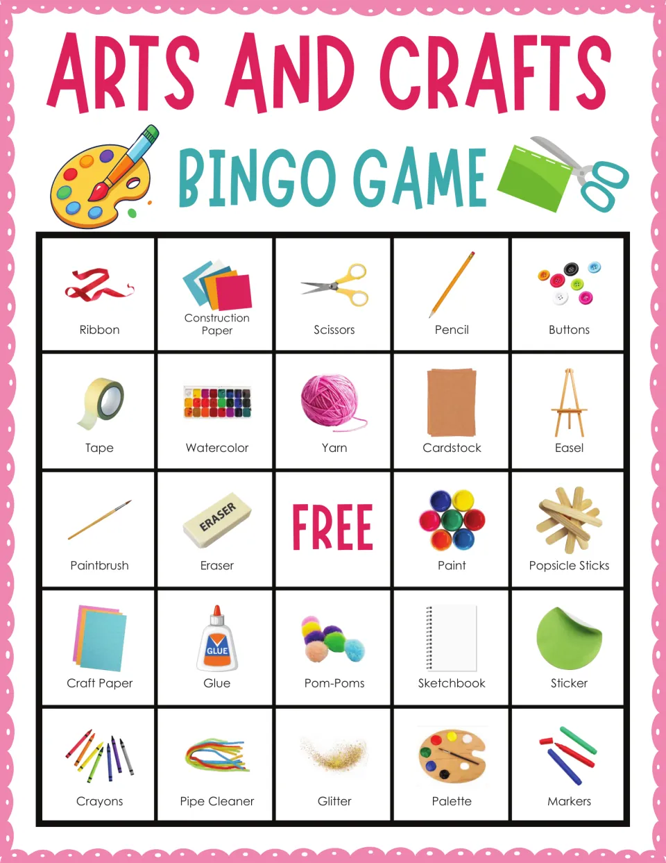 Arts and crafts bingo card 2: students mark called supplies, from Ribbon and Scissors to Palette and Markers, plus FREE