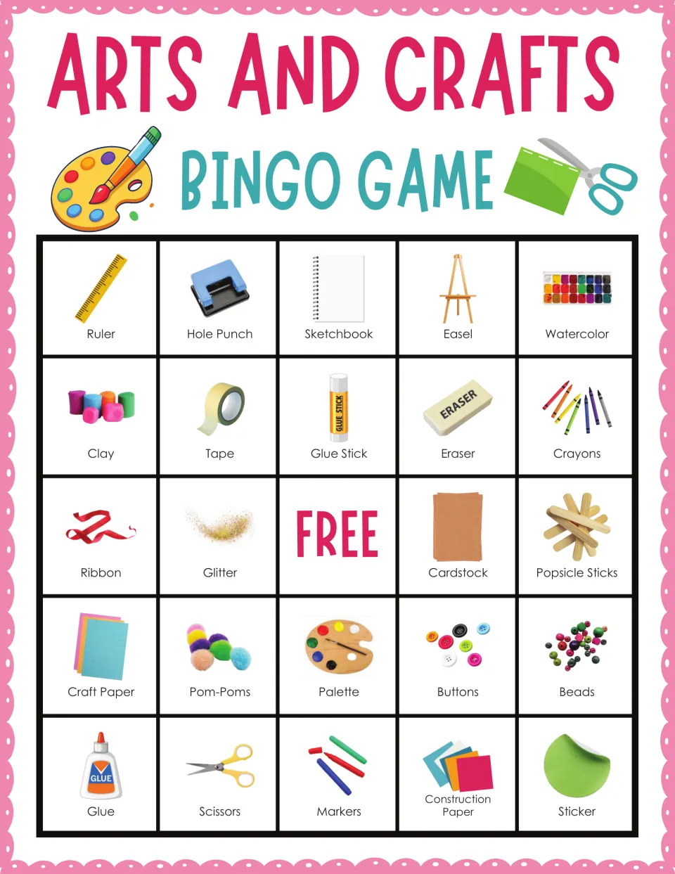 Arts and crafts bingo card 3: students mark called supplies like Ruler, Hole Punch and Easel, ending with Sticker, plus FREE