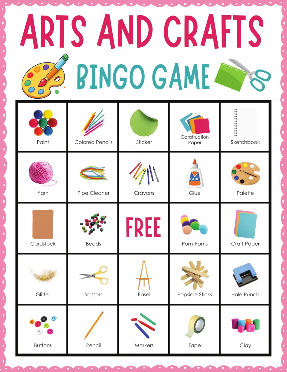 Arts and crafts bingo card 4: students mark called supplies from Paint and Colored Pencils to Tape and Clay, plus FREE