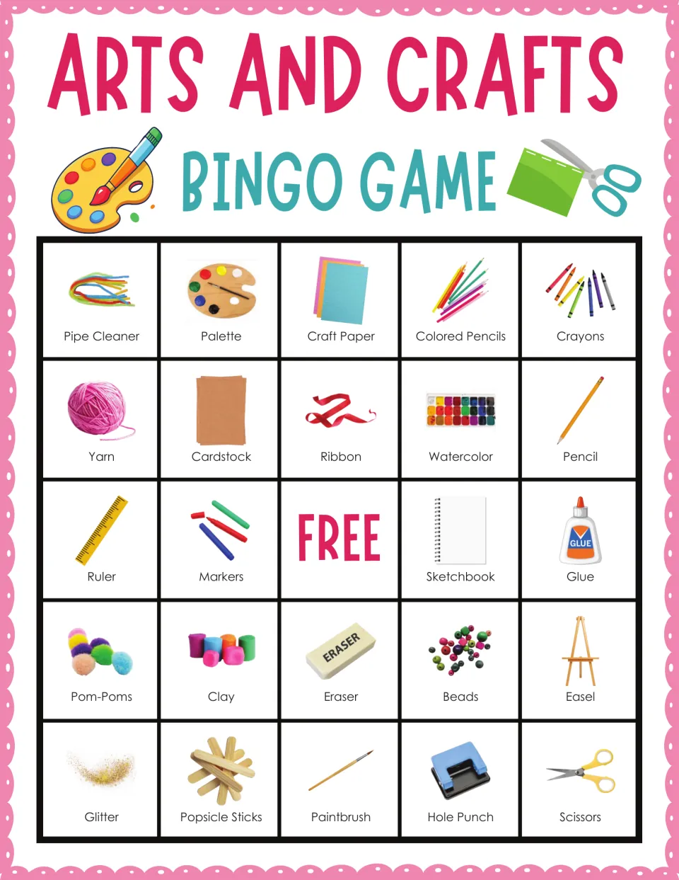 Arts and crafts bingo card 5: students mark called supplies such as Pipe Cleaner, Palette and Paintbrush, plus a FREE space