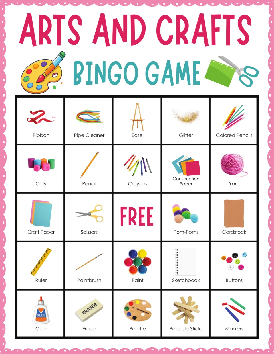 Arts and crafts bingo card 6: students mark called supplies from Ribbon and Easel down to Eraser and Popsicle Sticks, plus FREE