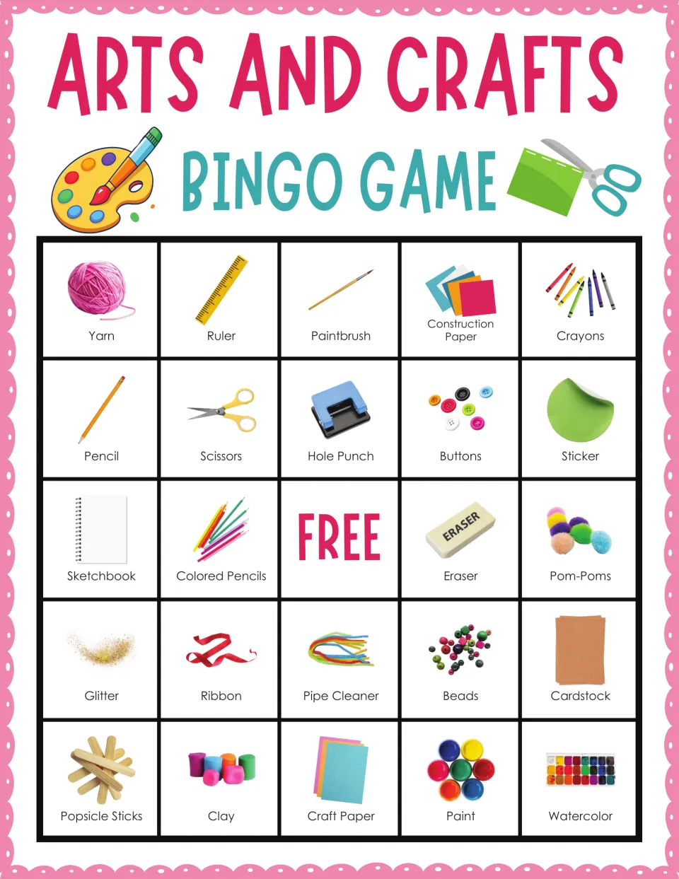 Arts and crafts bingo card 7: students mark called supplies from Yarn and Ruler to Paint and Watercolor, plus FREE