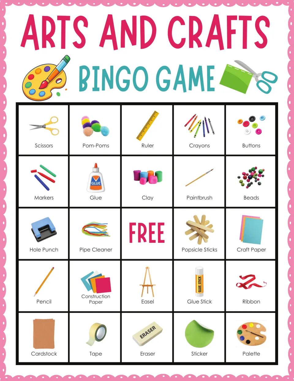 Arts and crafts bingo card 8: students mark called supplies from Scissors and Pom-Poms to Cardstock, Tape and Palette, plus FREE