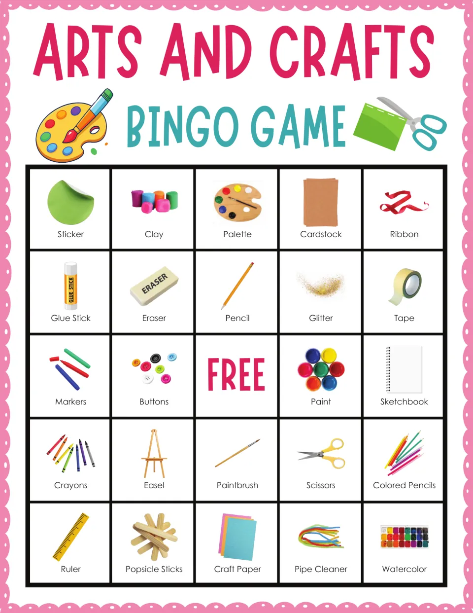 Arts and crafts bingo card 9: students mark called supplies from Sticker and Clay to Ruler and Watercolor, plus a FREE space