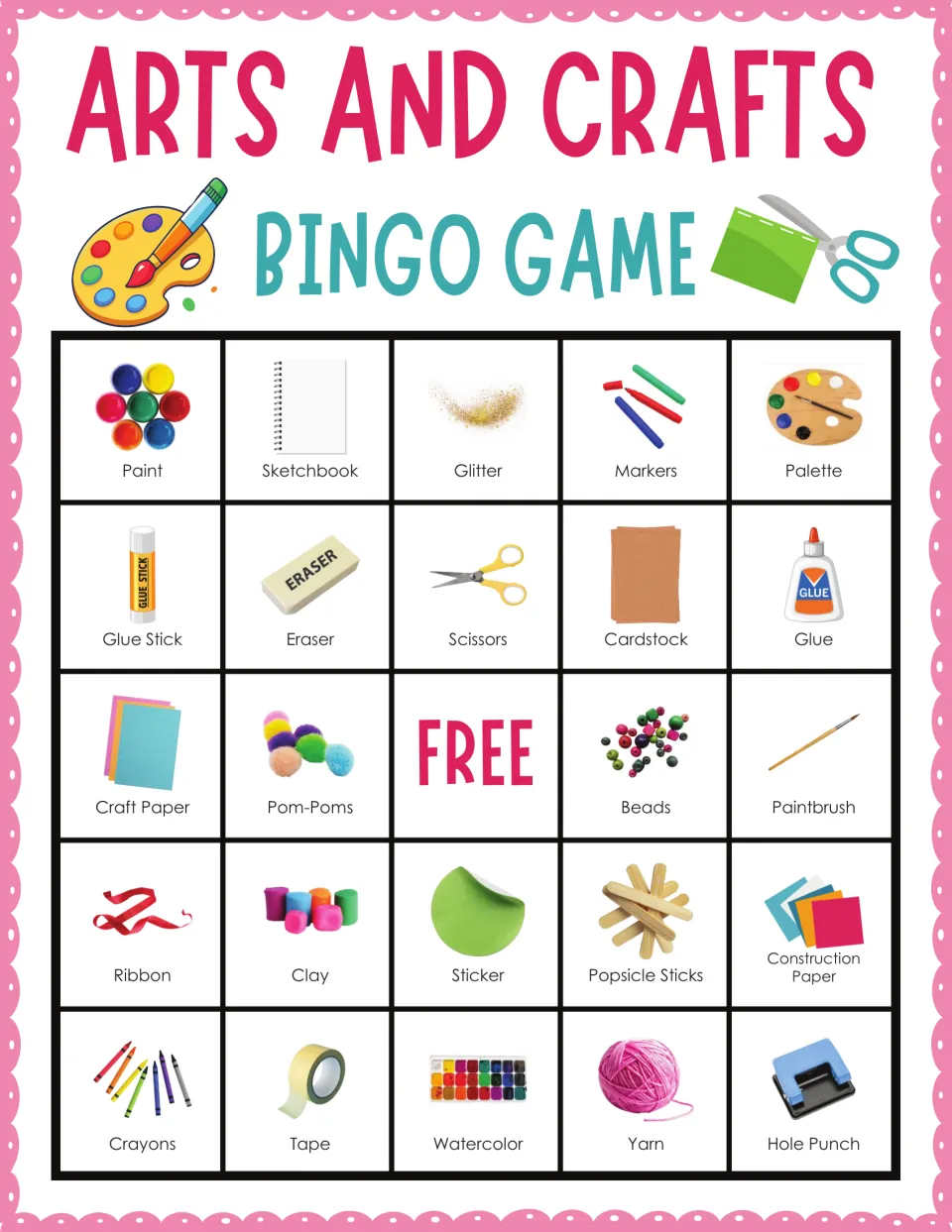 Arts and crafts bingo card 10: students mark called supplies from Paint and Sketchbook to Yarn and Hole Punch, plus FREE