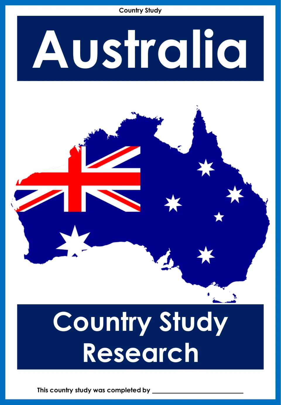 Australia country study research cover featuring a flag-filled map and a space for the student's name