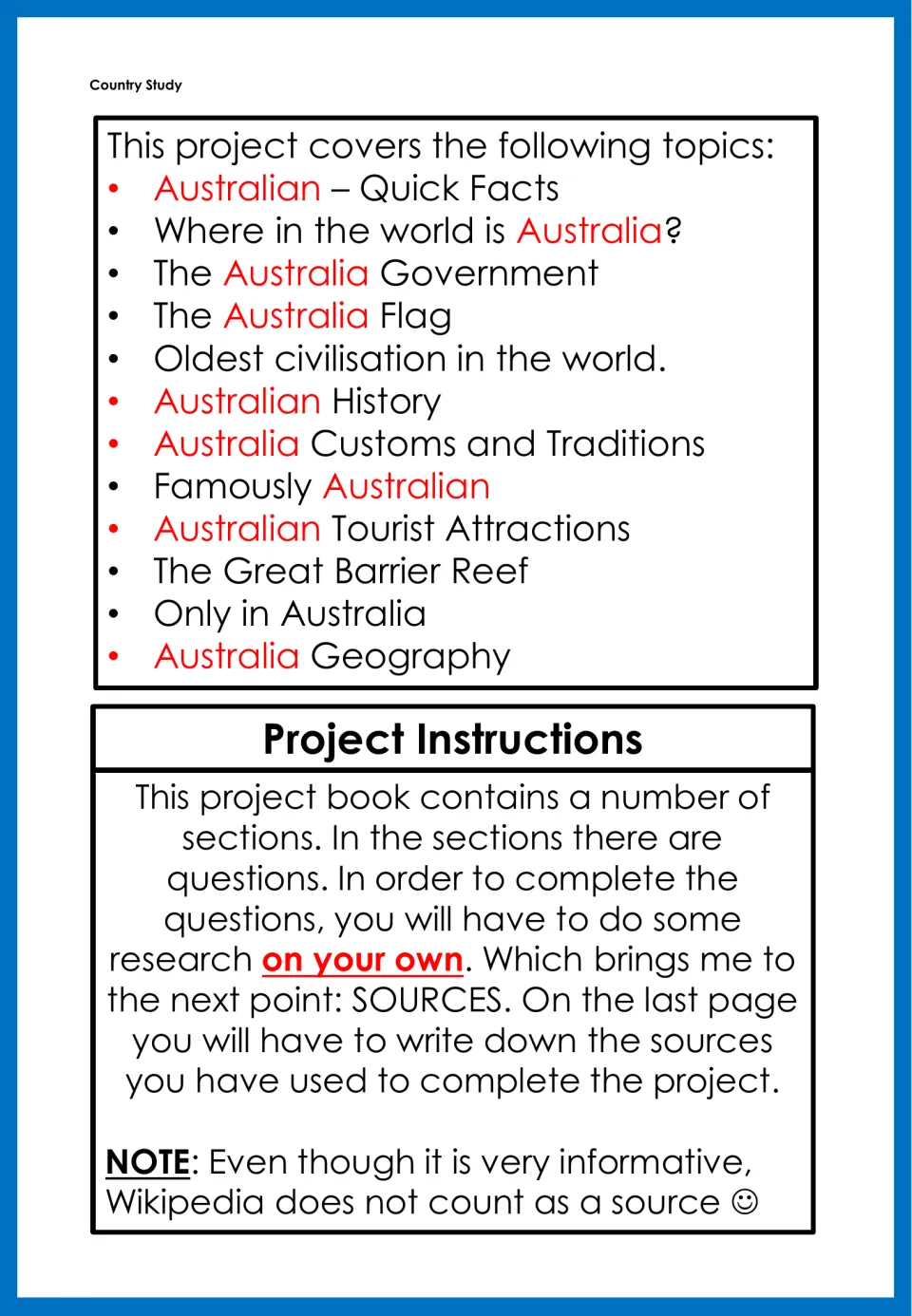 Research project topic list and instructions to research independently and record sources on the last page