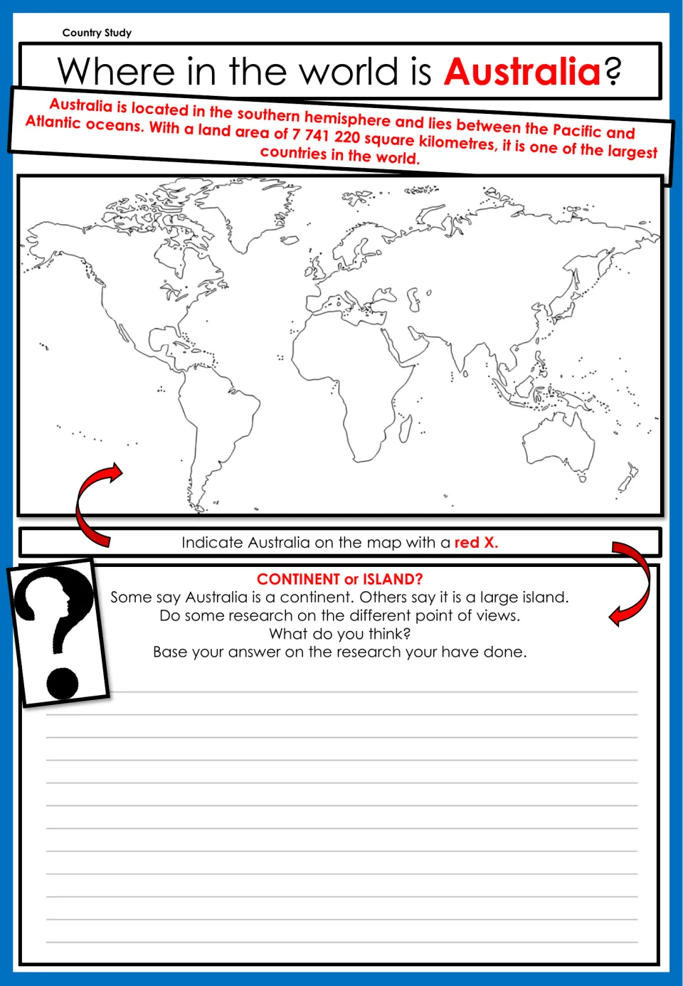 Geography research page asking students to mark Australia on a world map and consider continent or island