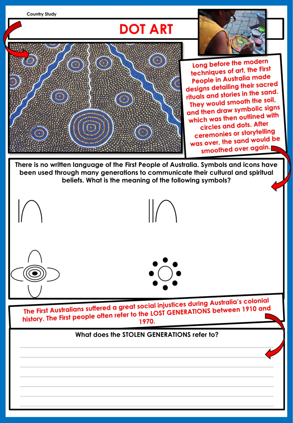 Dot art research page asking about four Aboriginal symbols and the meaning of the Stolen Generations