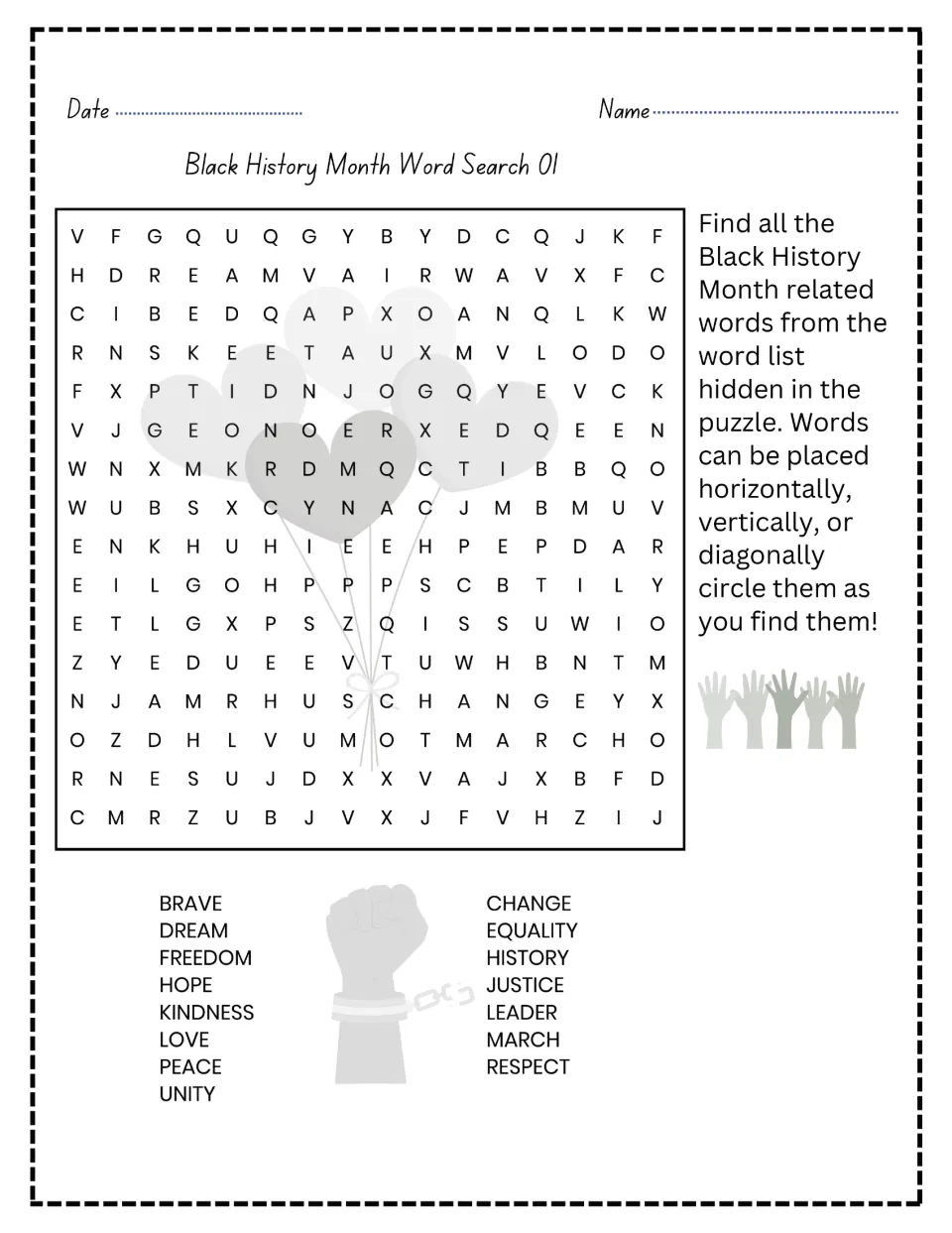 Black History Month Word Search 01: students find 15 words like freedom, equality, justice and dream hidden in the puzzle