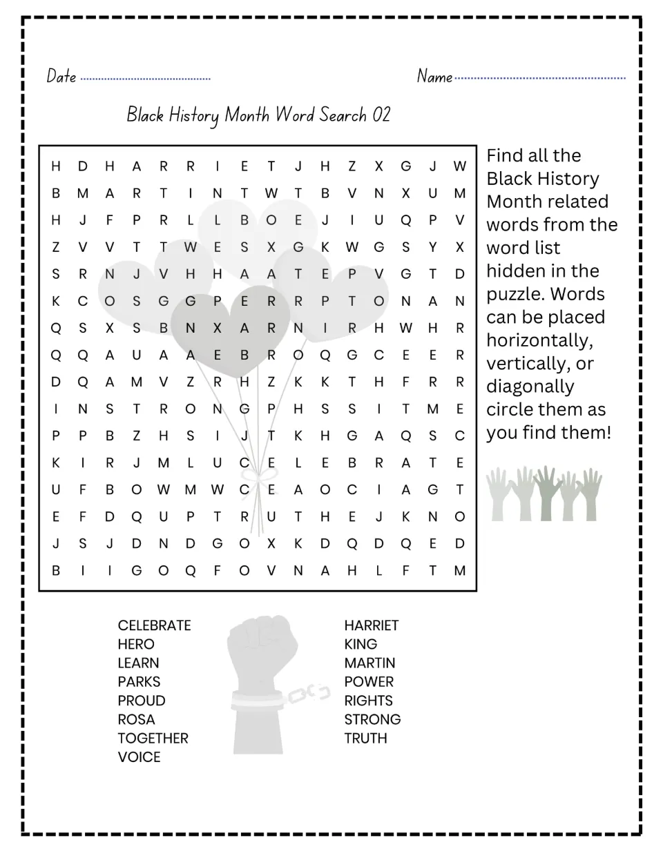 Word Search 02: students circle 15 hidden words including Rosa, Parks, Martin, King, Harriet, celebrate and rights