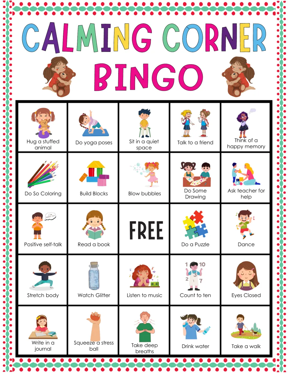 Calming Corner Bingo card: students mark pictured coping strategies, starting with hug a stuffed animal and do yoga poses