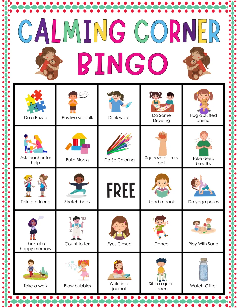 Calm-down bingo card: students mark do a puzzle, positive self-talk, drink water and more coping strategies