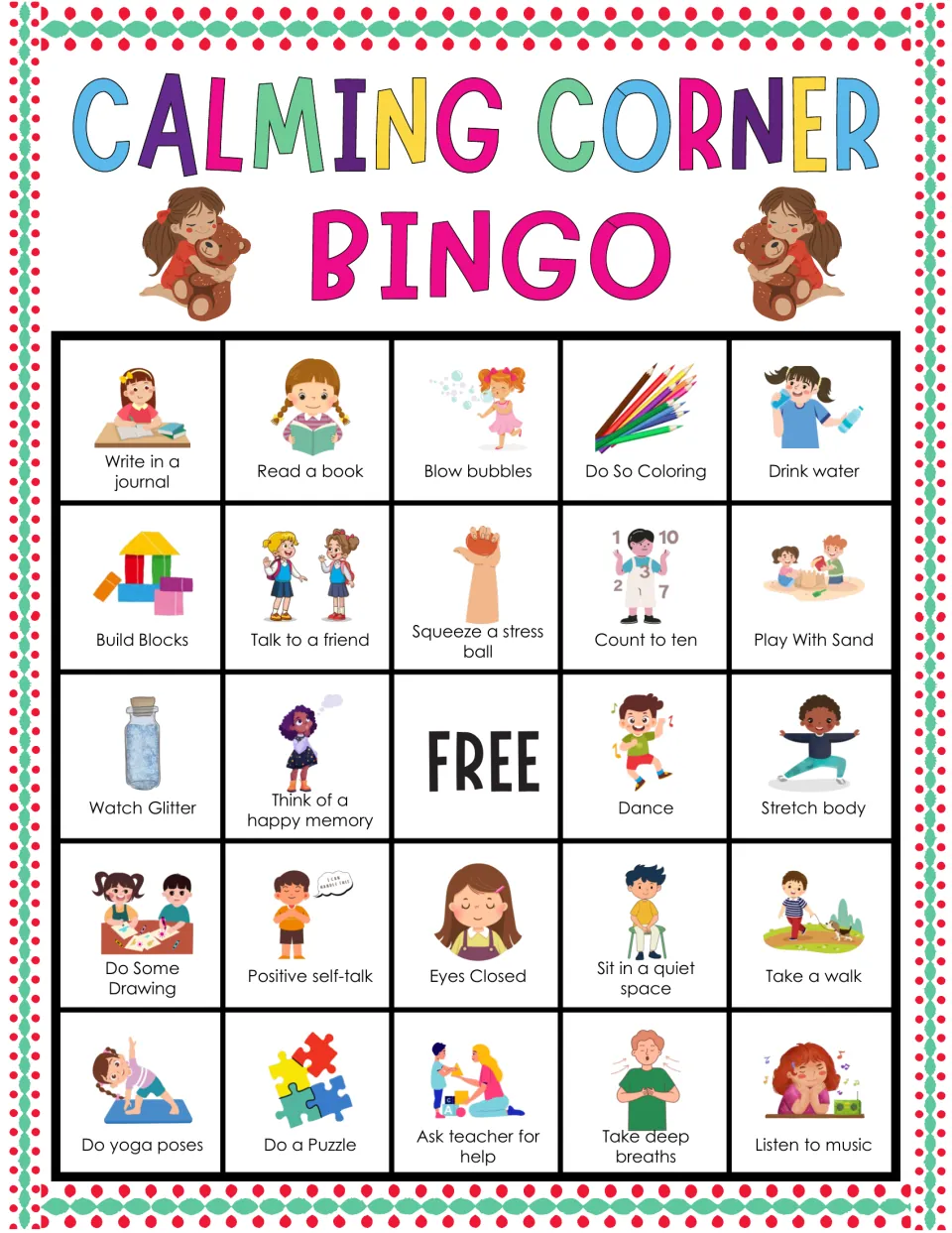 Coping strategies bingo: students find write in a journal, read a book and blow bubbles among 24 illustrated calming choices
