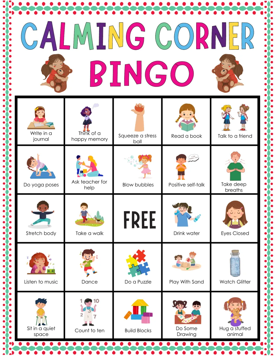 Calming Corner card: students mark think of a happy memory, squeeze a stress ball, talk to a friend and more