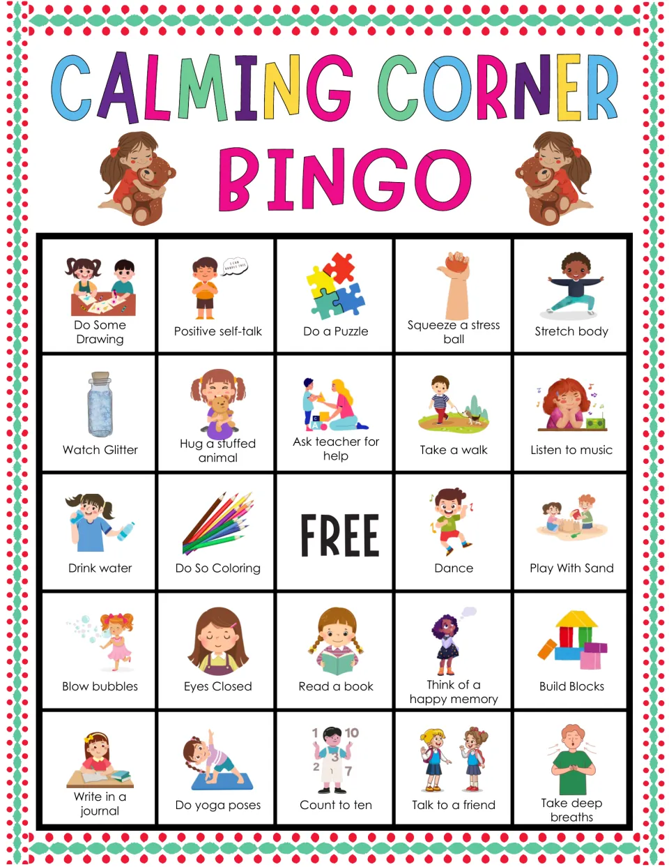 Self-regulation bingo card: students mark calming ideas such as do some drawing, stretch body and watch glitter