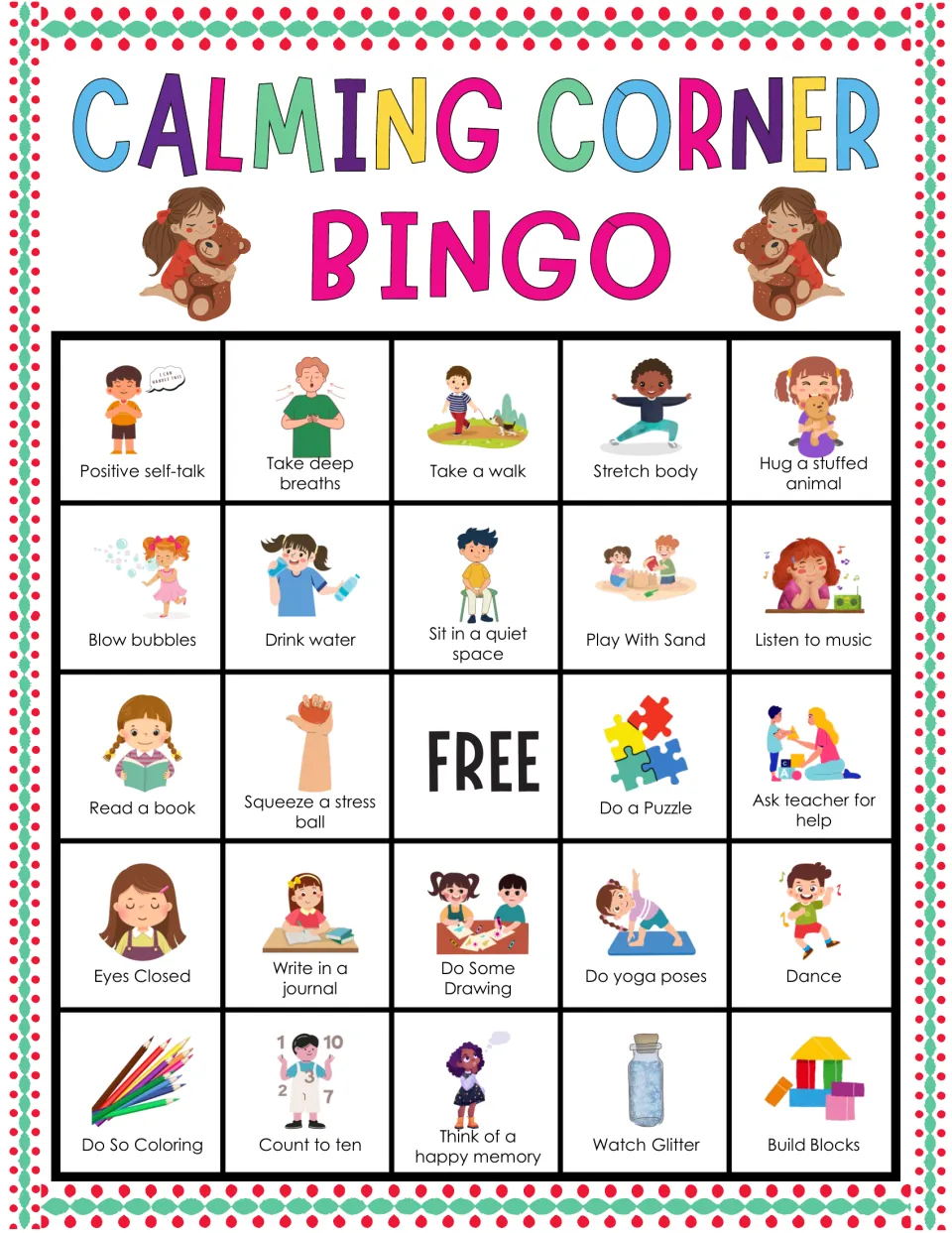 Calm-down strategies bingo: students mark take deep breaths, take a walk, play with sand and other pictured choices