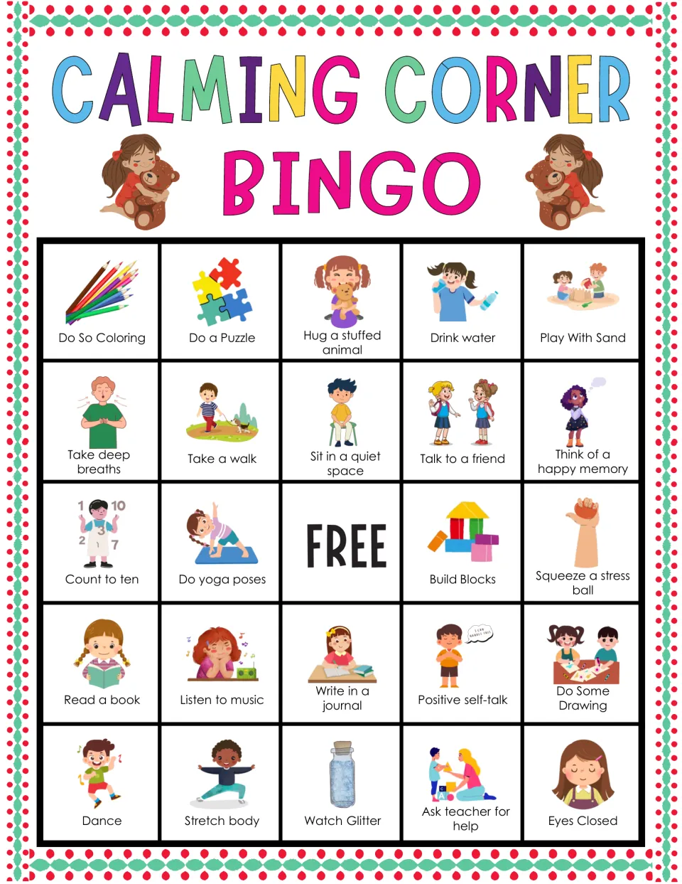 Coping skills bingo: students cover pictured calming actions like do so coloring, listen to music and count to ten
