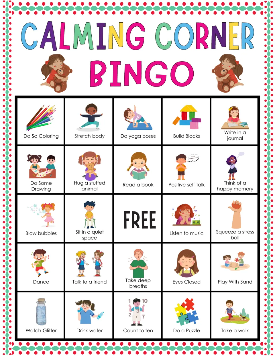 Calm-down bingo: students cover stretch body, do yoga poses, build blocks, eyes closed and more calming pictures