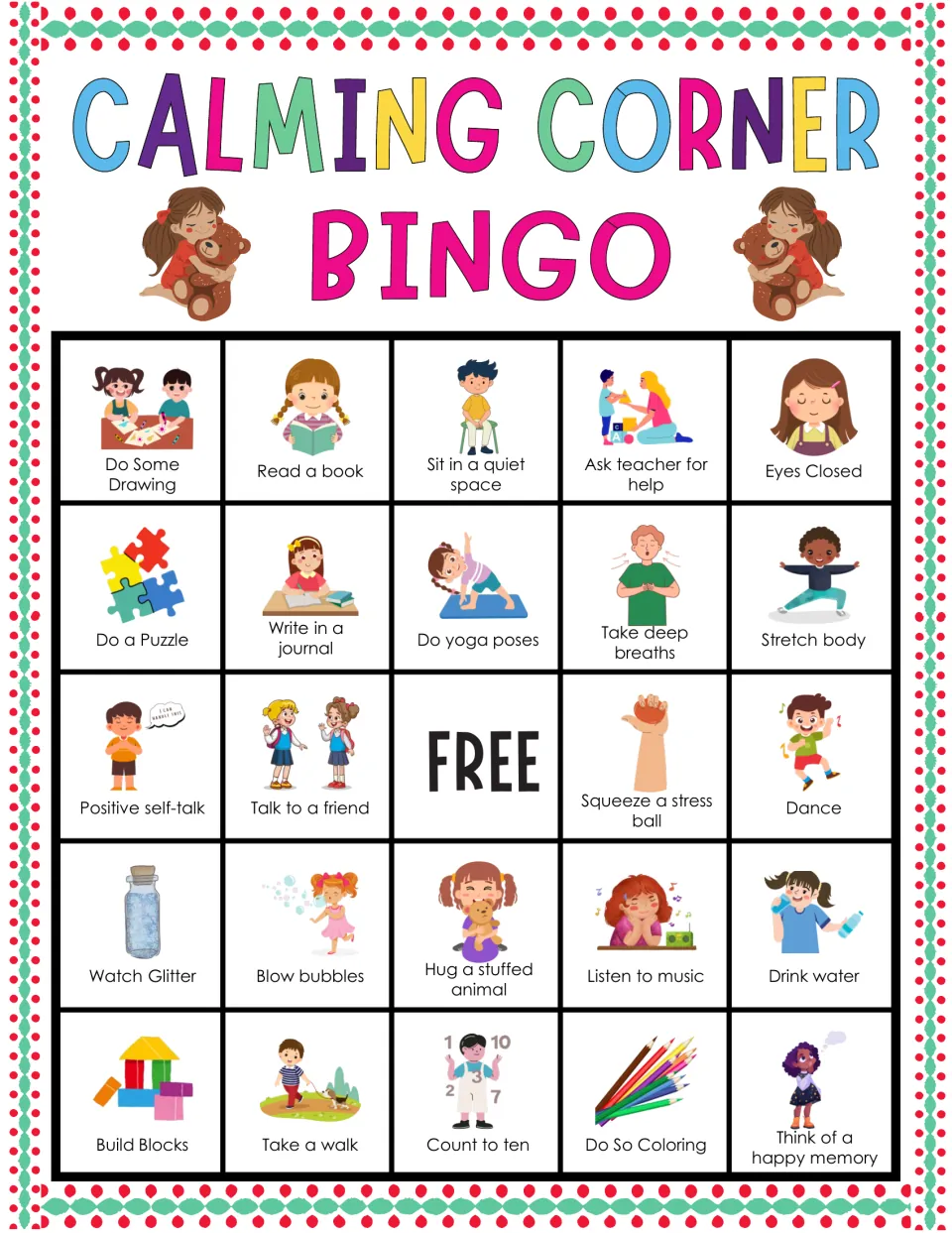 Calming strategies bingo: students mark ask teacher for help, sit in a quiet space, eyes closed and other pictured choices