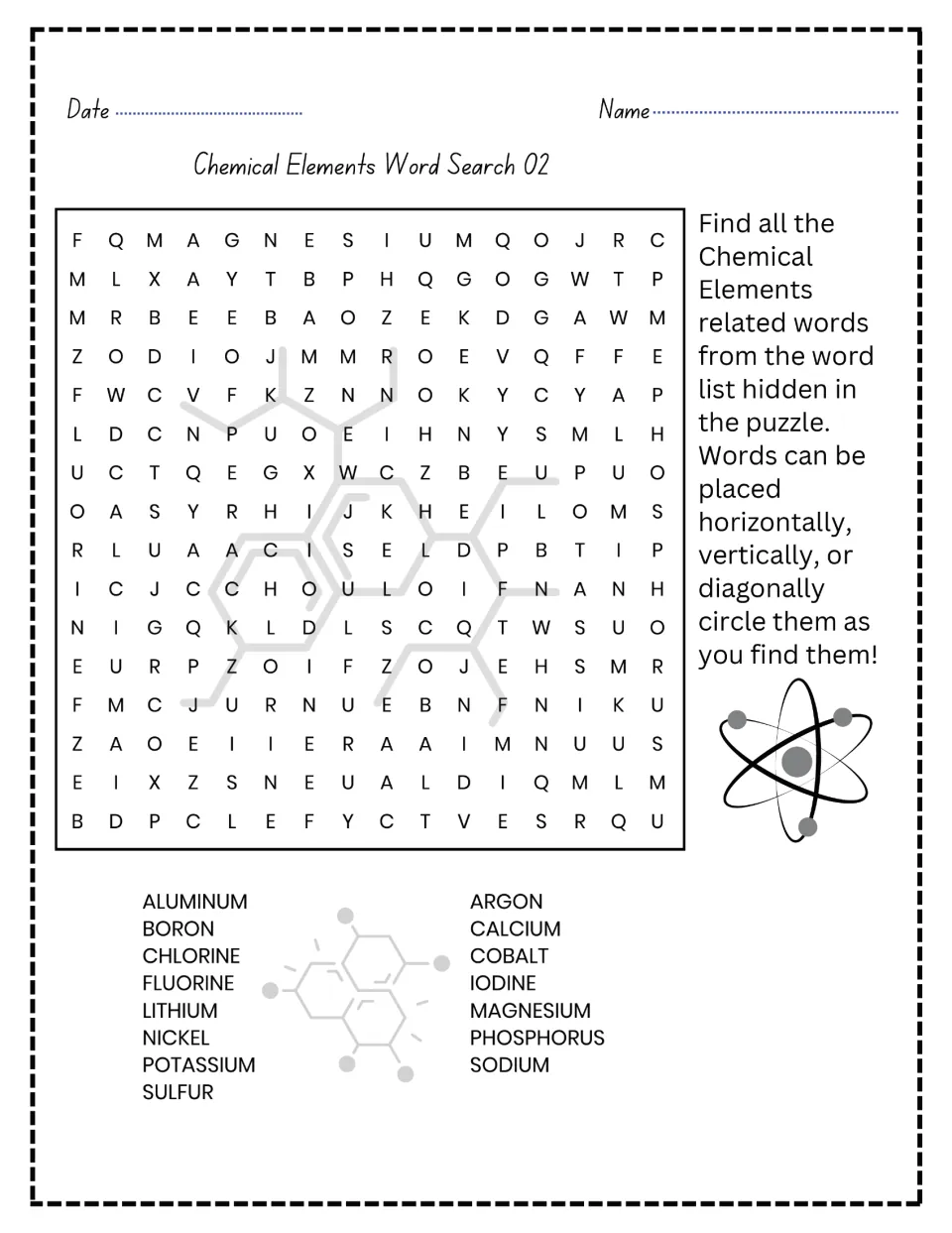 Element word search 02: students circle aluminum, boron, chlorine, sodium, potassium, sulfur and 10 more hidden element names