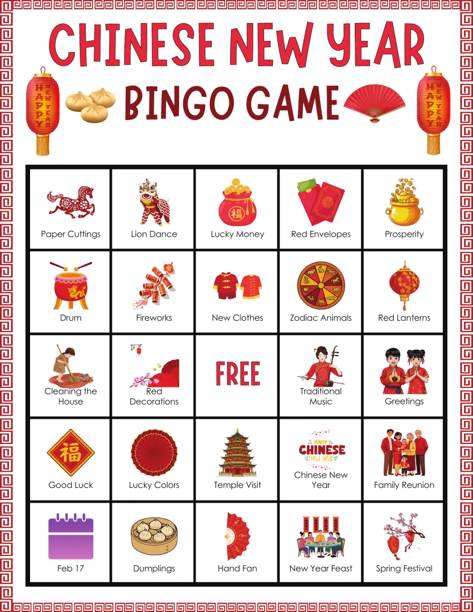 Bingo board 1: Paper Cuttings, Lion Dance, Lucky Money, Red Envelopes, Prosperity, and 19 more labeled pictures