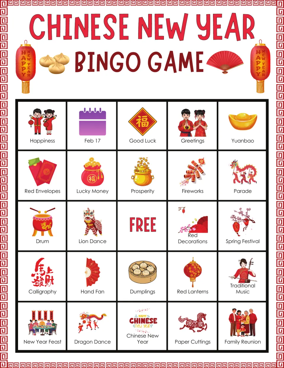 Bingo board 2: Happiness, Feb 17, Good Luck, Greetings, Yuanbao, and 19 more labeled pictures, plus FREE