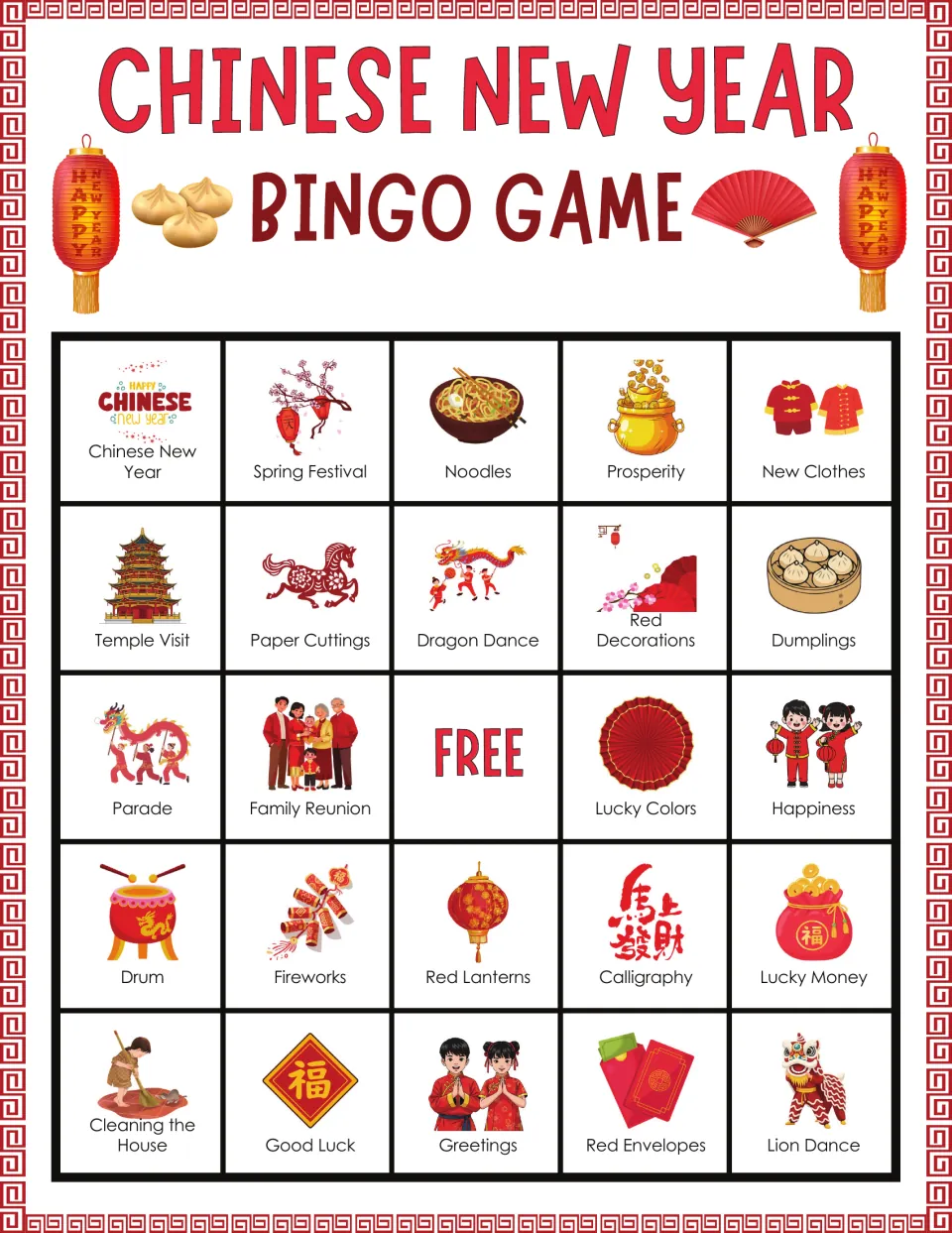 Bingo board 3: Chinese New Year, Spring Festival, Noodles, Prosperity, New Clothes, and 19 more labeled pictures