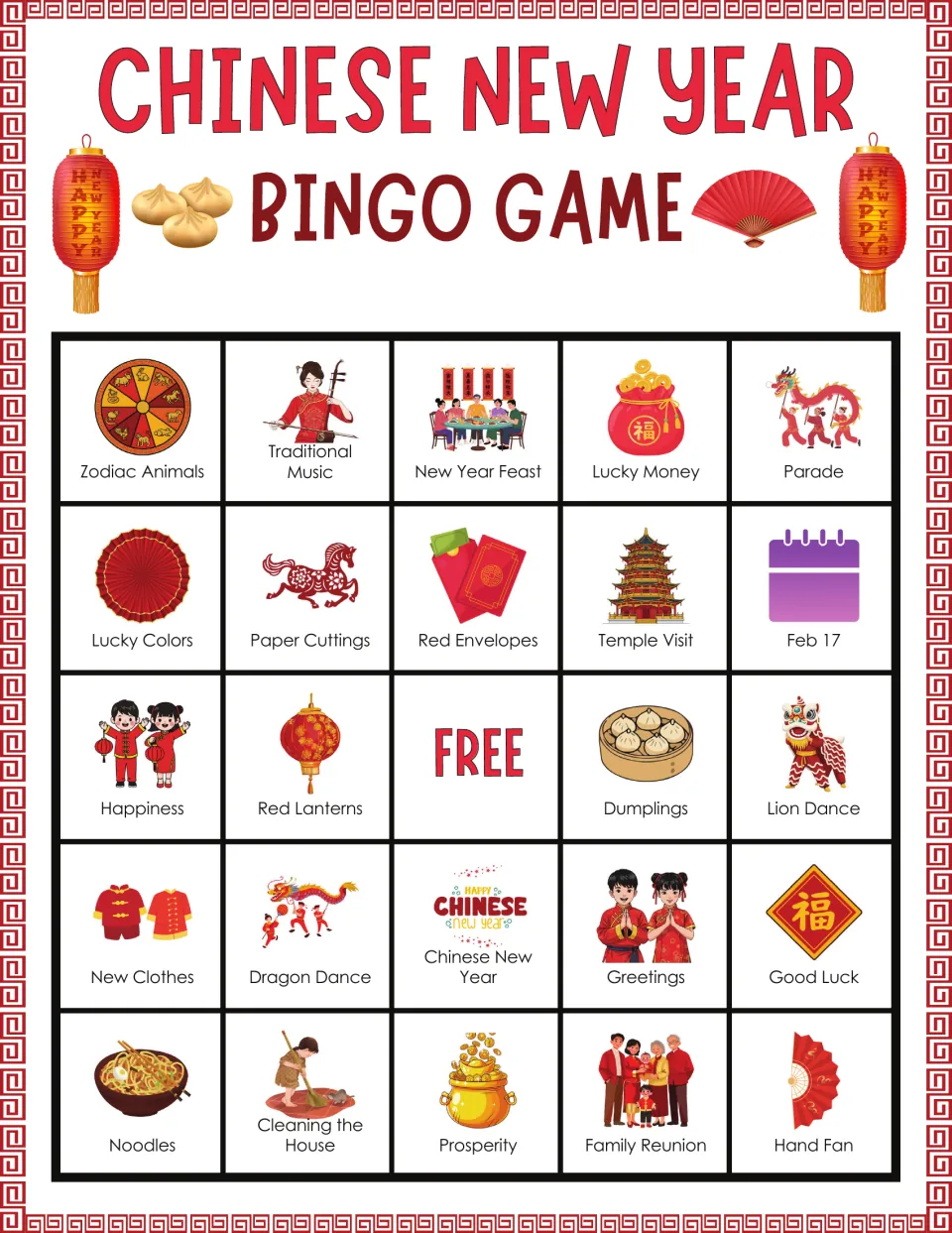 Bingo board 4: Zodiac Animals, Traditional Music, New Year Feast, Lucky Money, and 20 more labeled pictures