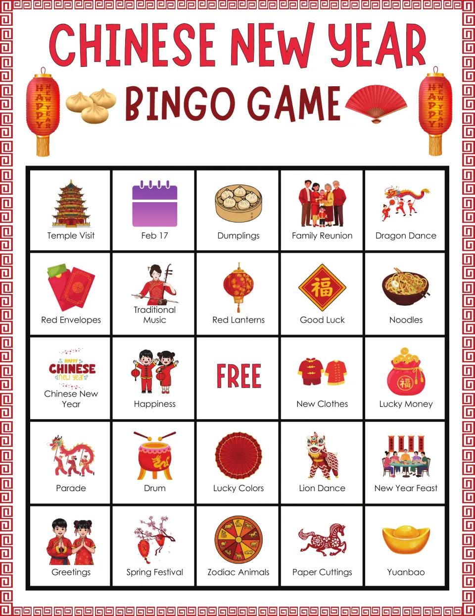 Bingo board 5: Temple Visit, Feb 17, Dumplings, Family Reunion, Dragon Dance, and 19 more labeled pictures