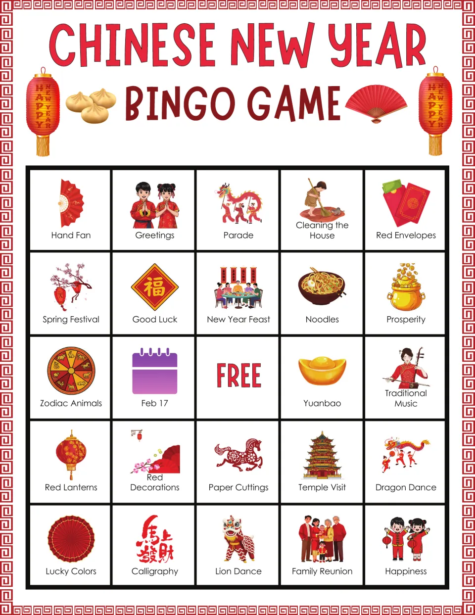 Bingo board 6: Hand Fan, Greetings, Parade, Cleaning the House, Red Envelopes, and 19 more labeled pictures