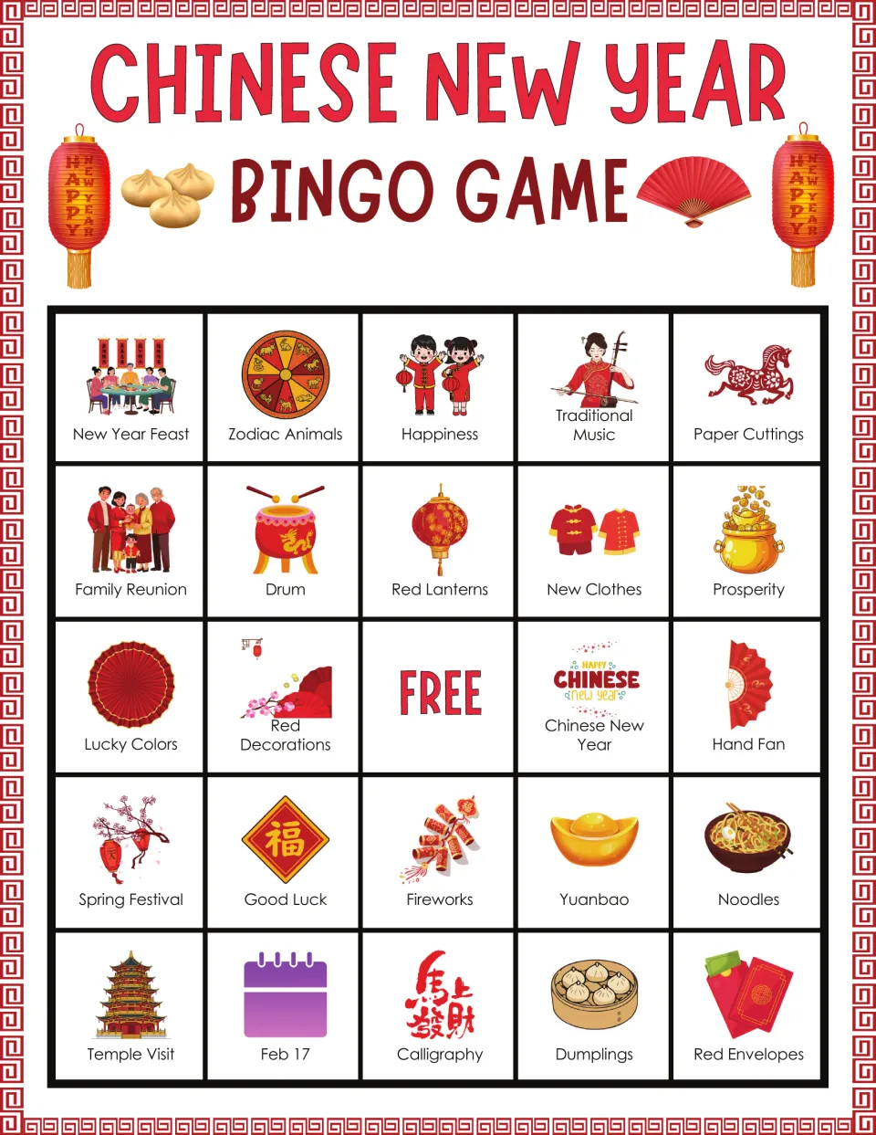 Bingo board 7: New Year Feast, Zodiac Animals, Happiness, Traditional Music, and 20 more labeled pictures
