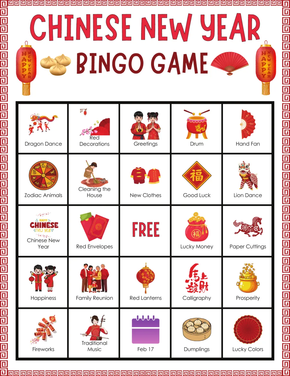 Bingo board 8: Dragon Dance, Red Decorations, Greetings, Drum, Hand Fan, and 19 more labeled pictures