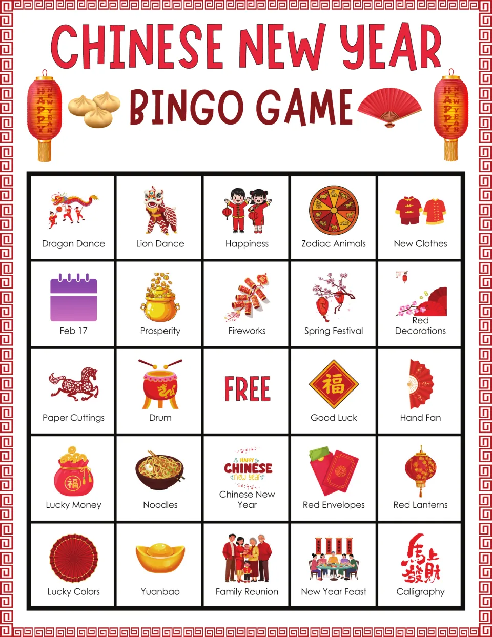 Bingo board 9: Dragon Dance, Lion Dance, Happiness, Zodiac Animals, New Clothes, and 19 more labeled pictures