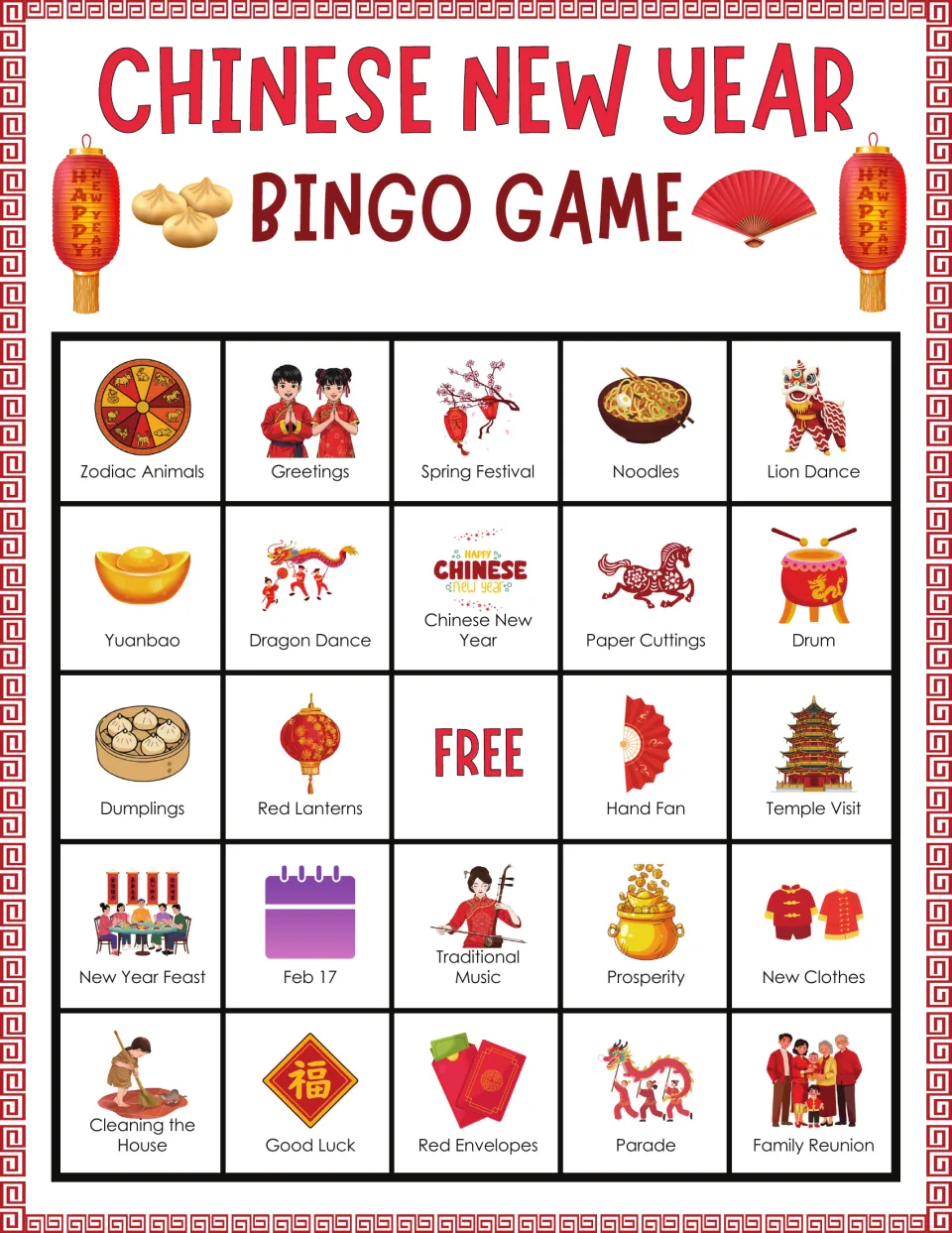 Bingo board 10: Zodiac Animals, Greetings, Spring Festival, Noodles, Lion Dance, and 19 more labeled pictures