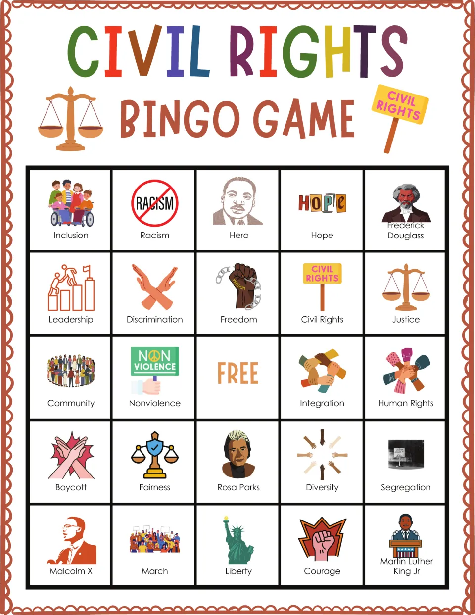 Civil rights bingo board 2: Racism, Frederick Douglass, Boycott, Liberty, March and a free center space