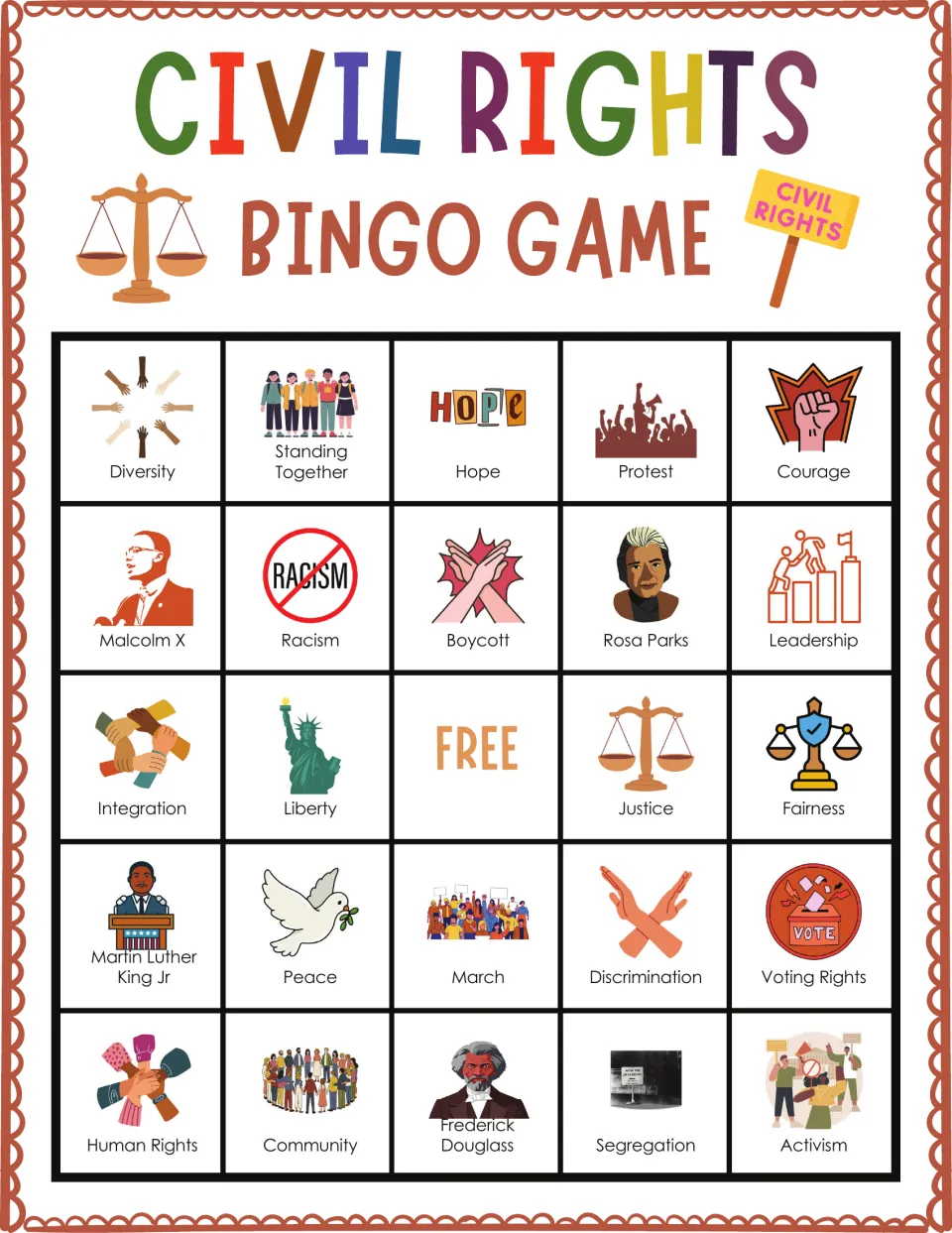Civil rights bingo board 3: Diversity, Standing Together, Voting Rights, Activism and a free center space