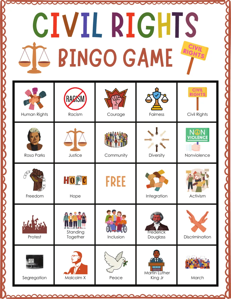 Civil rights bingo board 4: Human Rights, Rosa Parks, Nonviolence, Freedom and a free center space