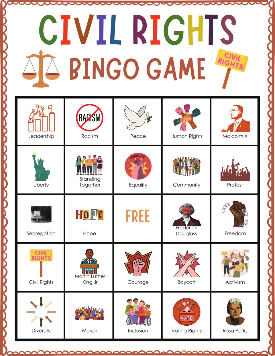 Civil rights bingo board 5: Leadership, Malcolm X, Liberty, Equality, Boycott and a free center space