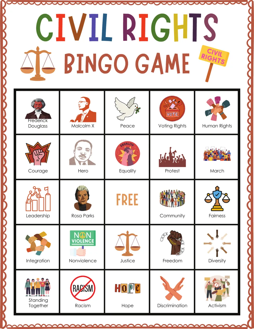 Civil rights bingo board 6: Frederick Douglass, Peace, Voting Rights, Fairness and a free center space